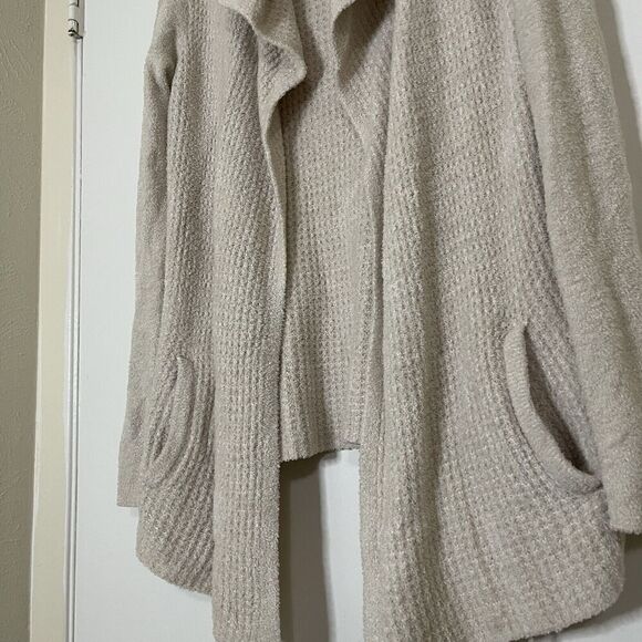 Barefoot dreams cozy chic ivory beige waffle knit drape front cardigan sweater - Picture 3 of 5